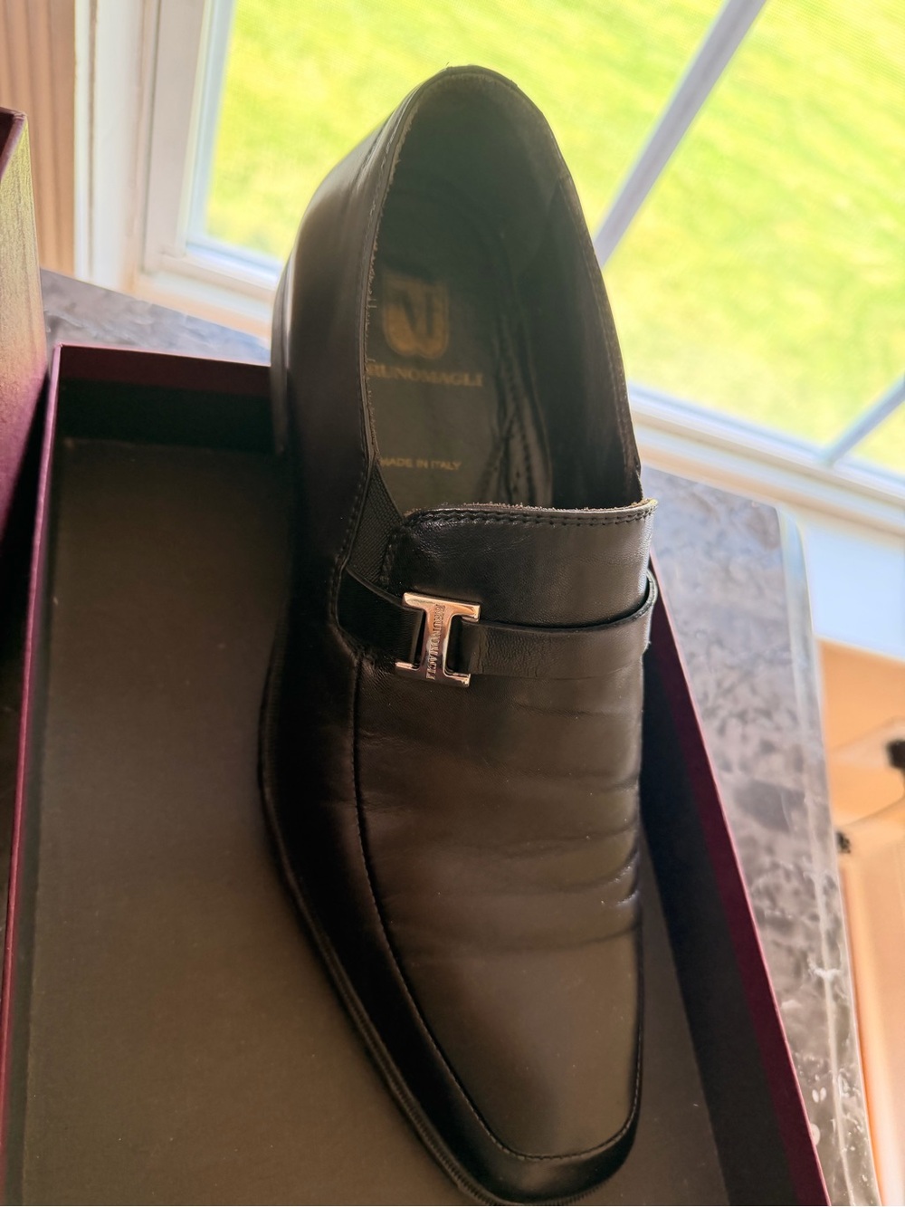 Bruno Magli Black Leather Slip-On Loafer with Silver Accent